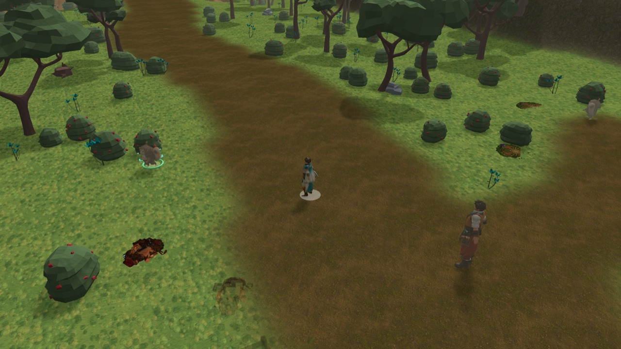 A mage on a forest road approaching a targeted Acorn Hopper