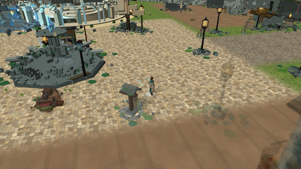 A cobbled avenue in Noobia with civic boards and stalls