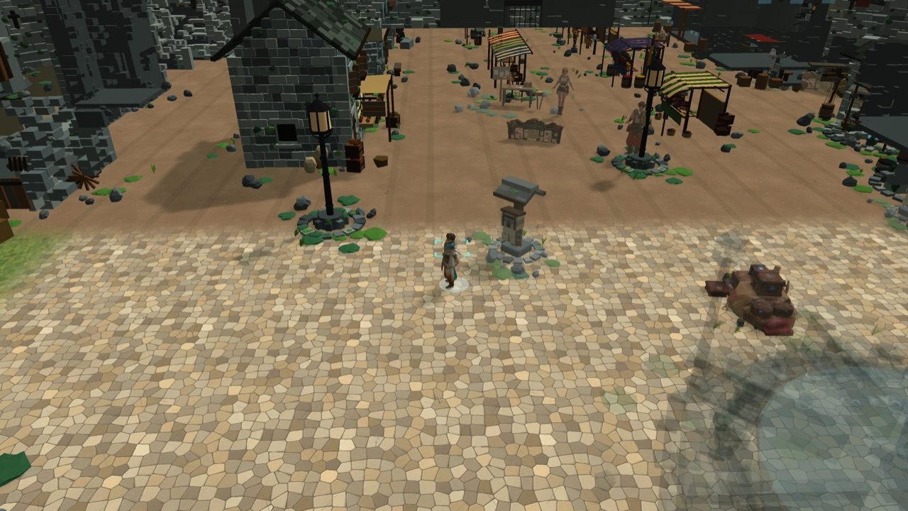 Noobia's central plaza: stone houses, lamp posts, and the Registration Terminal